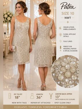 Patra Sleeveless Sequin Beaded Cocktail Dress womens Size 10 Champagne NEW artsy
